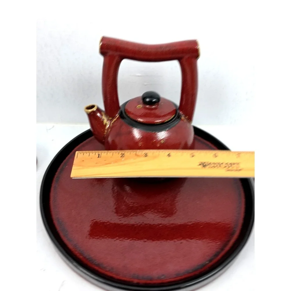 Vtg Pier 1‎ Shanghai Teapot Set 7 piece Earthenware Reddish Brown Black Tan